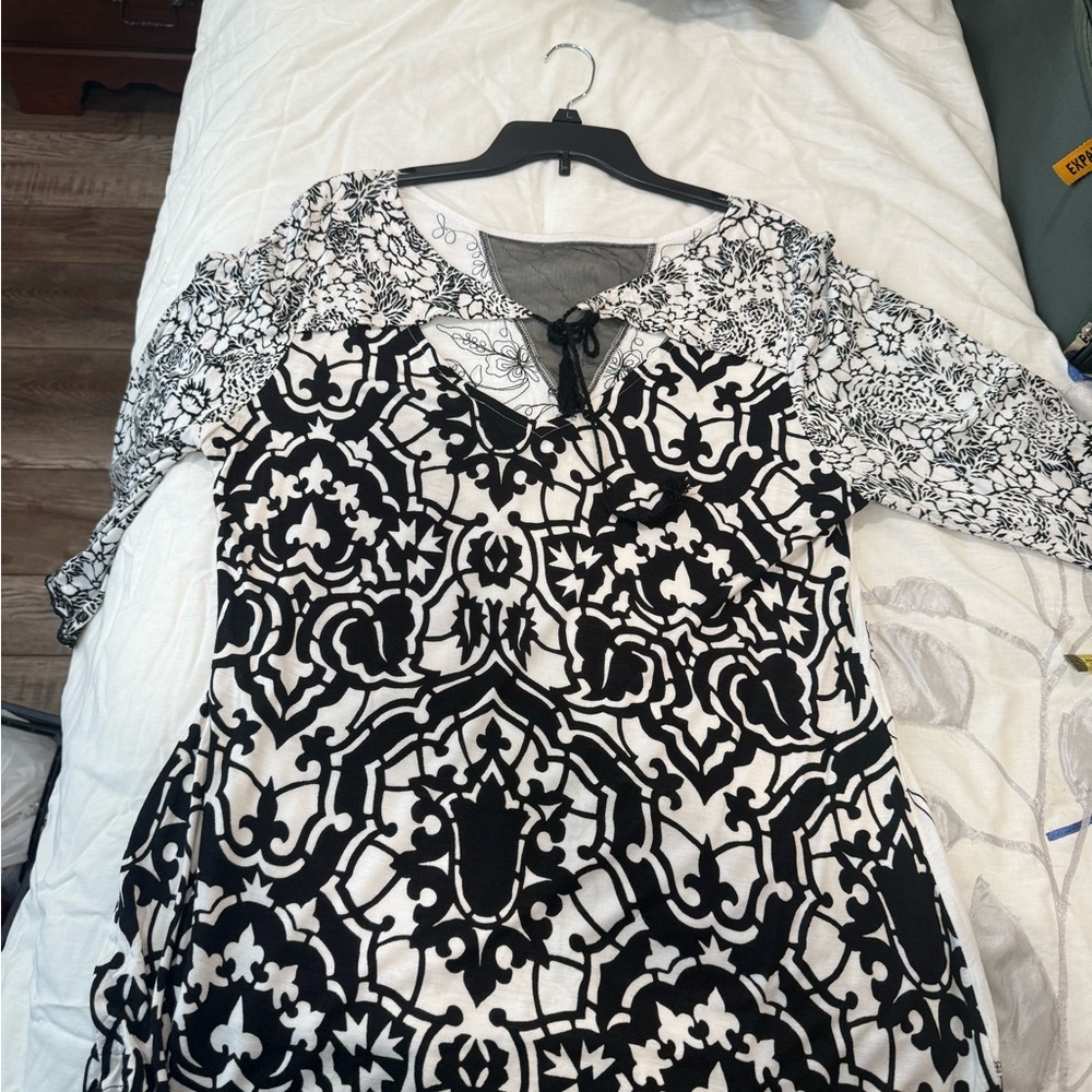 Black & White Printed Women's Blouse with Lace Tie